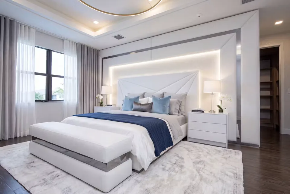The same wall with a BOKO custom upholstered bed and wall panels