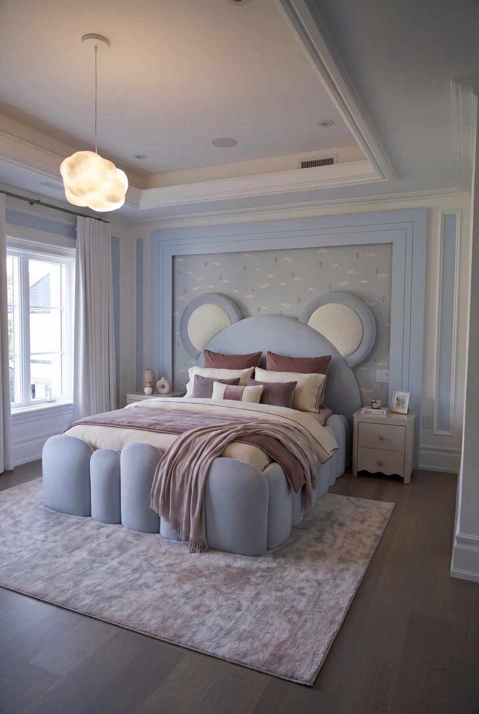 Pale blue upholstered bed with a rounded bear-shaped headboard and mauve bedding.