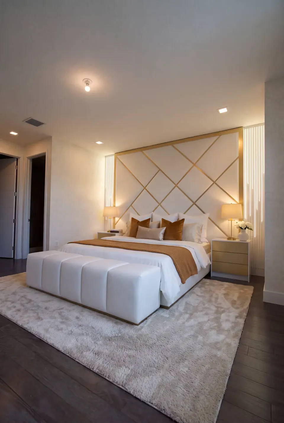 Ivory upholstered bed with a geometric headboard and gold trim, made by BOKO Designs in Toronto