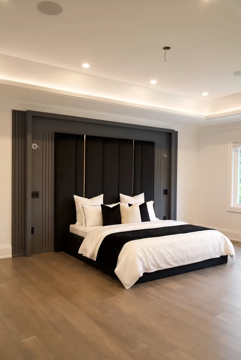Wide side view of the black upholstered bed and tall framed headboard wall.