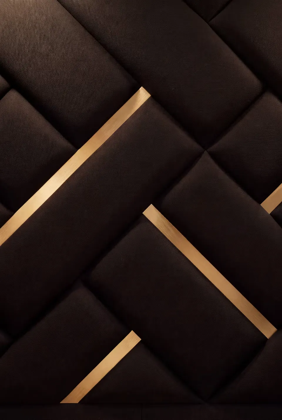 Detail of intersecting black padded strips and short gold lines.