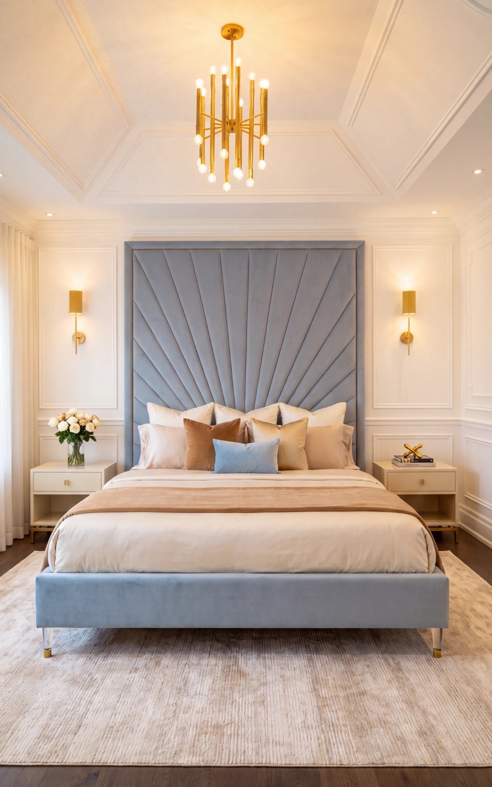 Blue velvet sunburst headboard bedroom