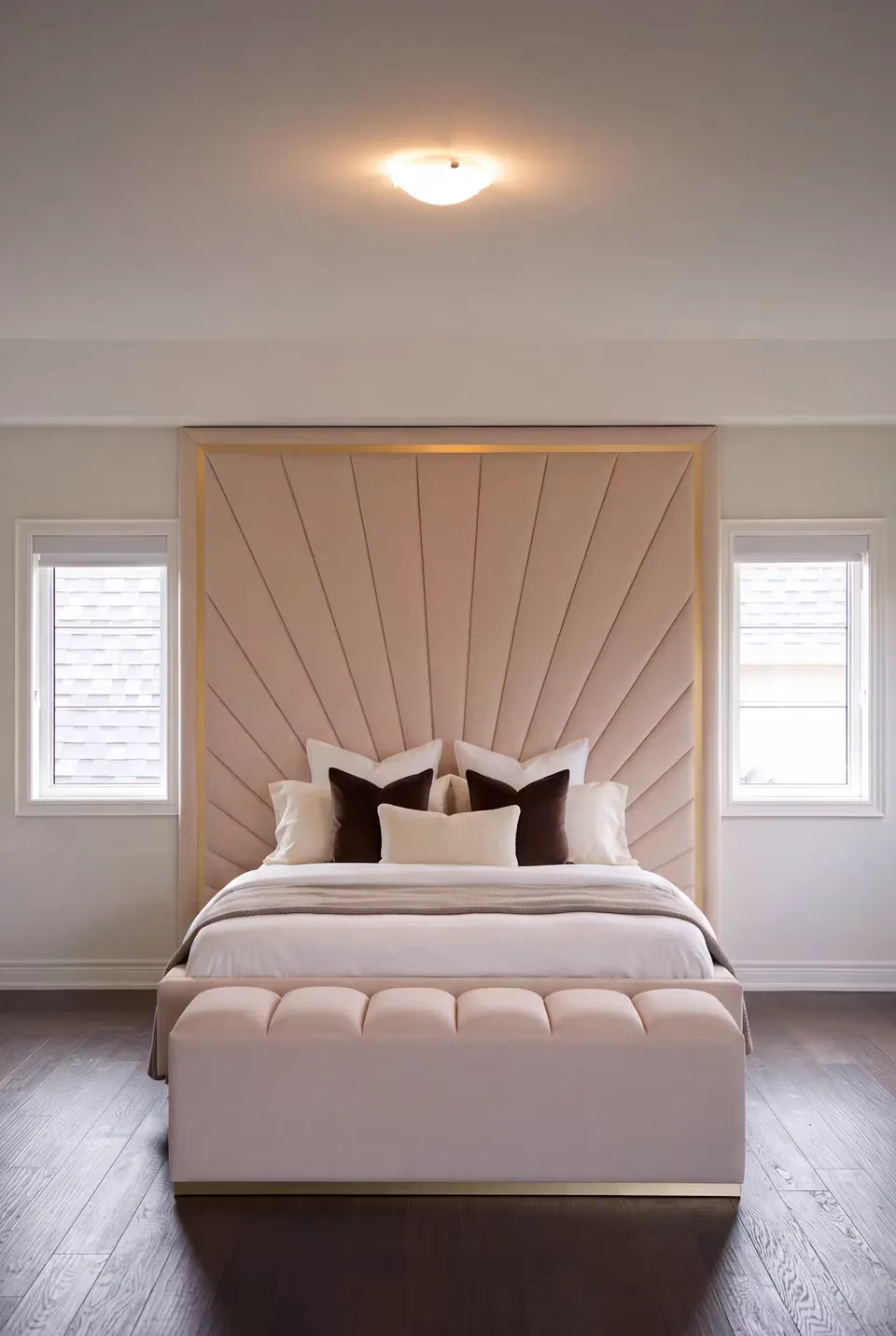 Full front view of a blush upholstered bed and matching bench beneath a radiating gold-edged headboard.