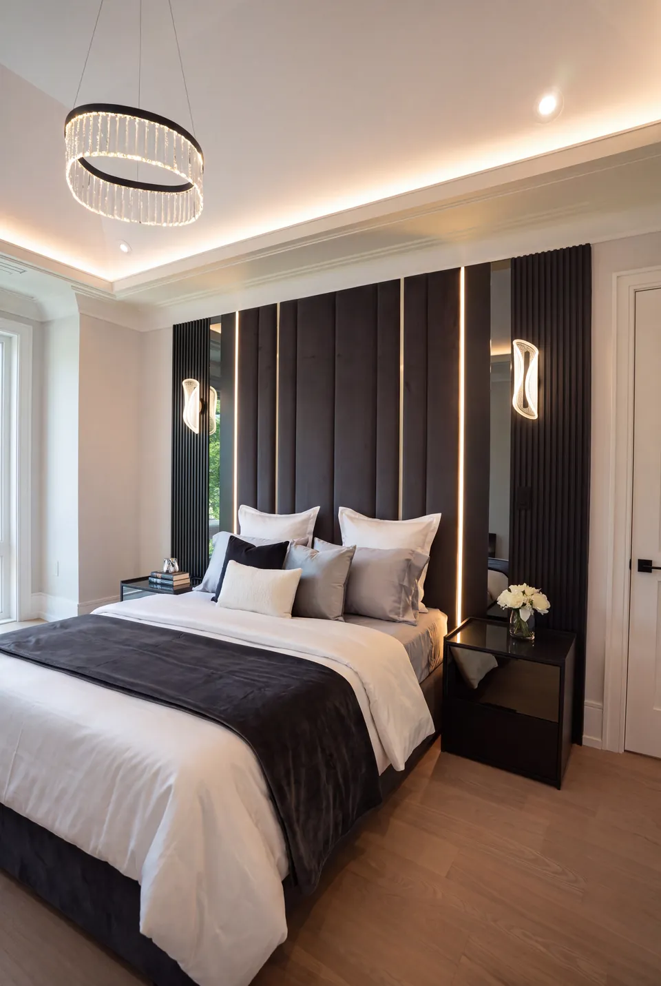 Wide view of a charcoal upholstered bed beneath tall dark panels with warm vertical light.