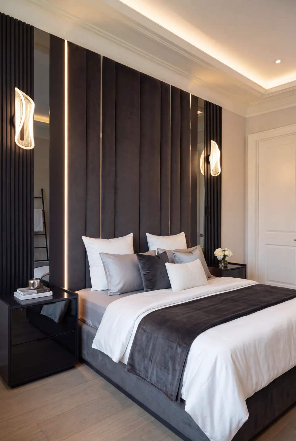 Angled view of white bedding against charcoal wall columns, mirrors and curved wall sconces.