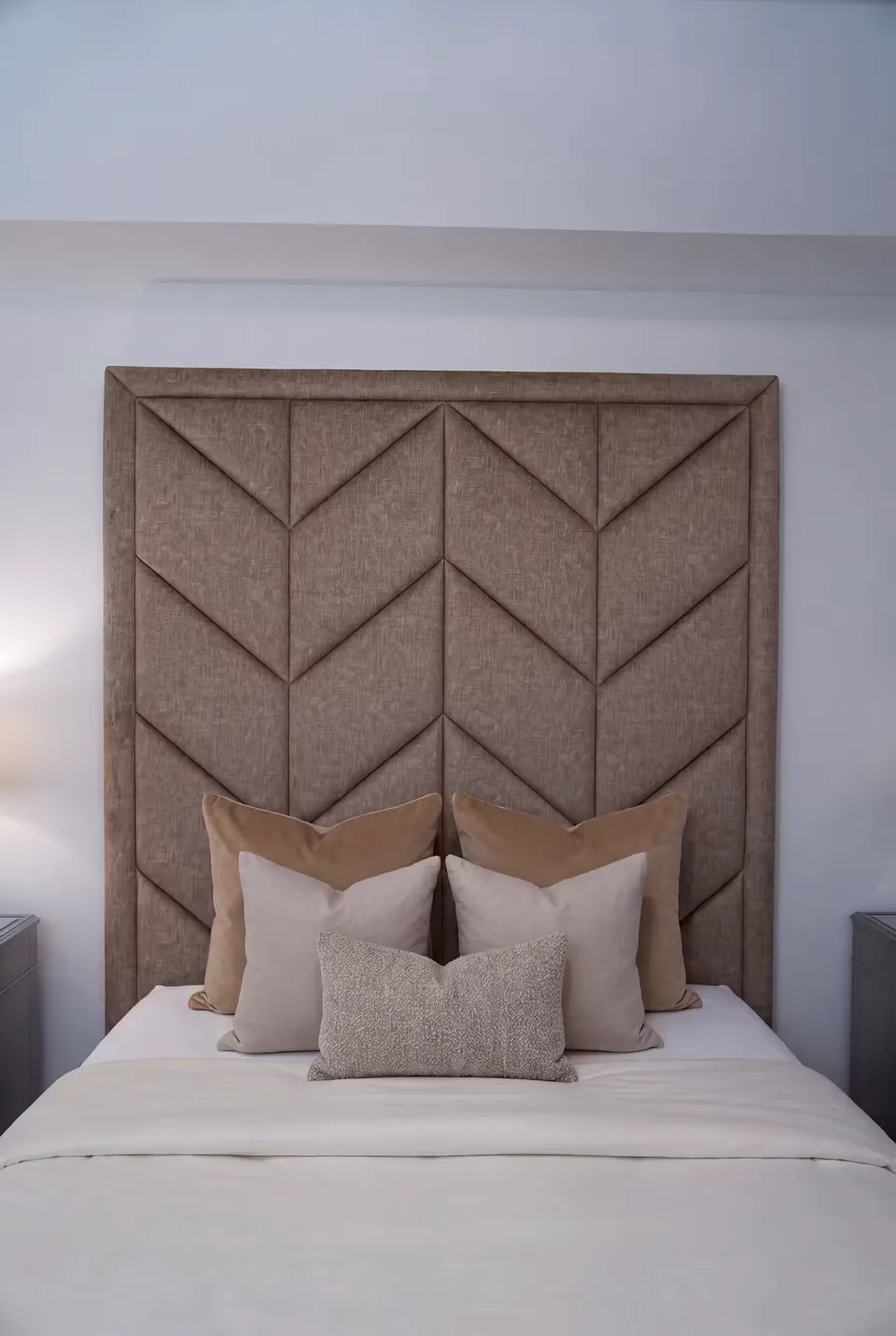 Closer front view of the cocoa chevrons above the pillows