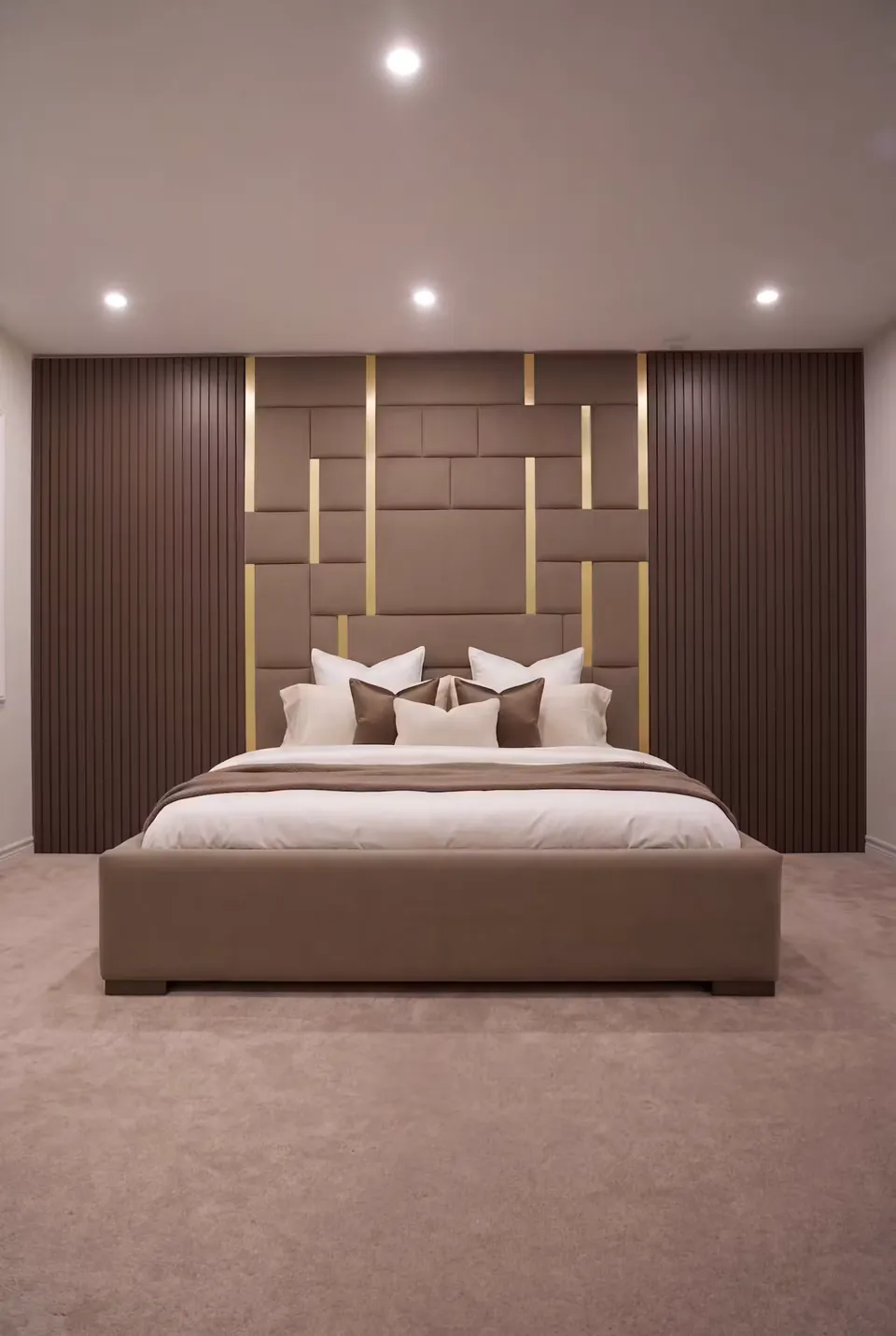 Full front view of a cocoa upholstered bed beneath offset padded blocks and gold strips.