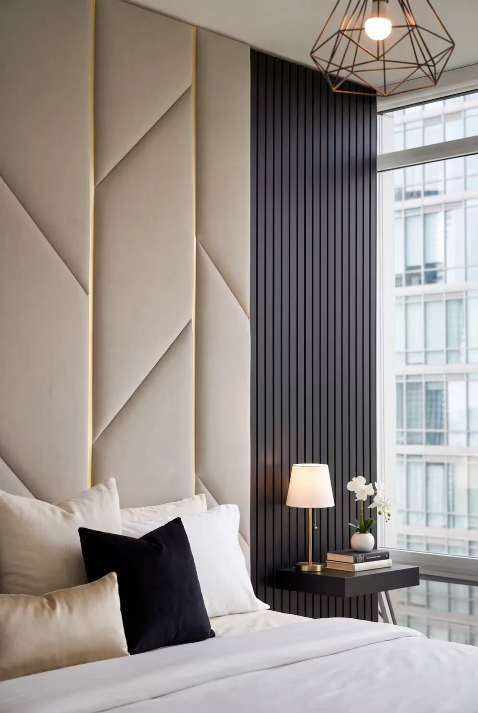 Detail of a gold-toned diagonal seam beside dark vertical wall slats
