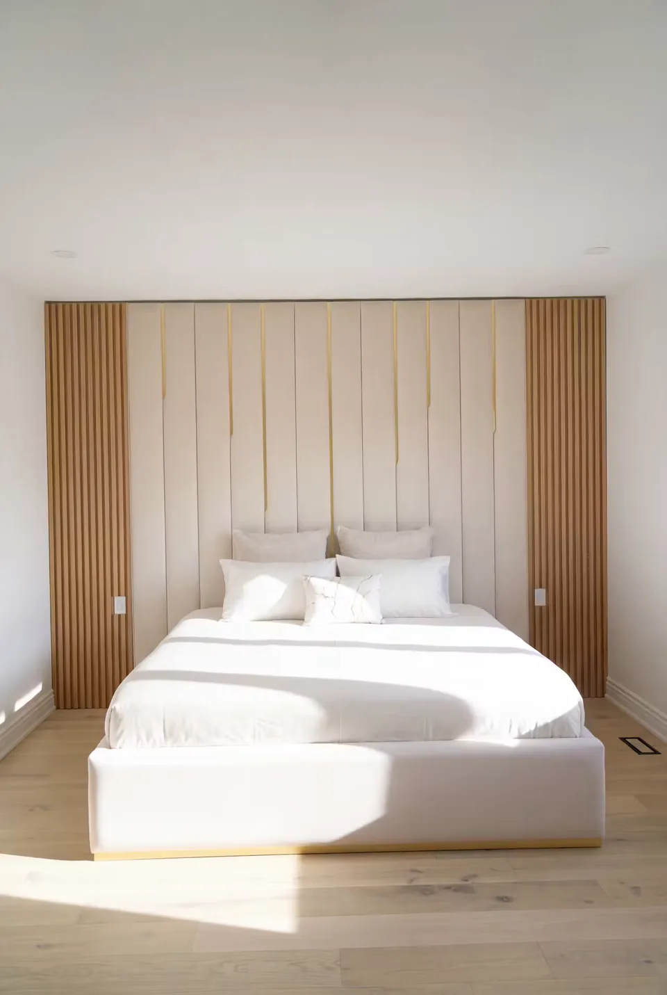 Cream upholstered bed with a channelled centre and warm slatted side panels