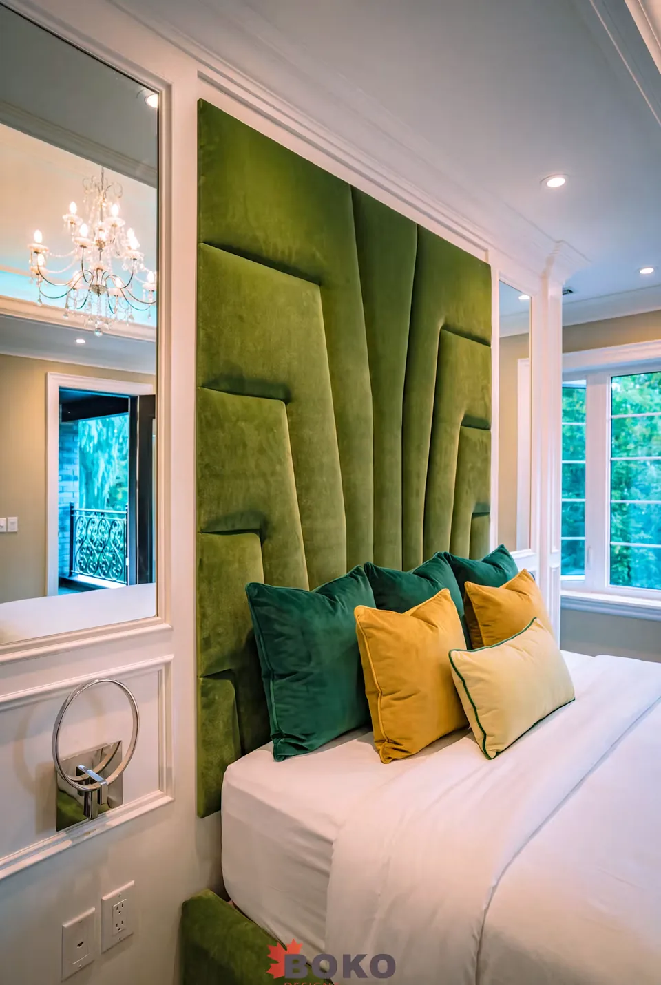 Close view of the branching green padded shapes behind the pillows