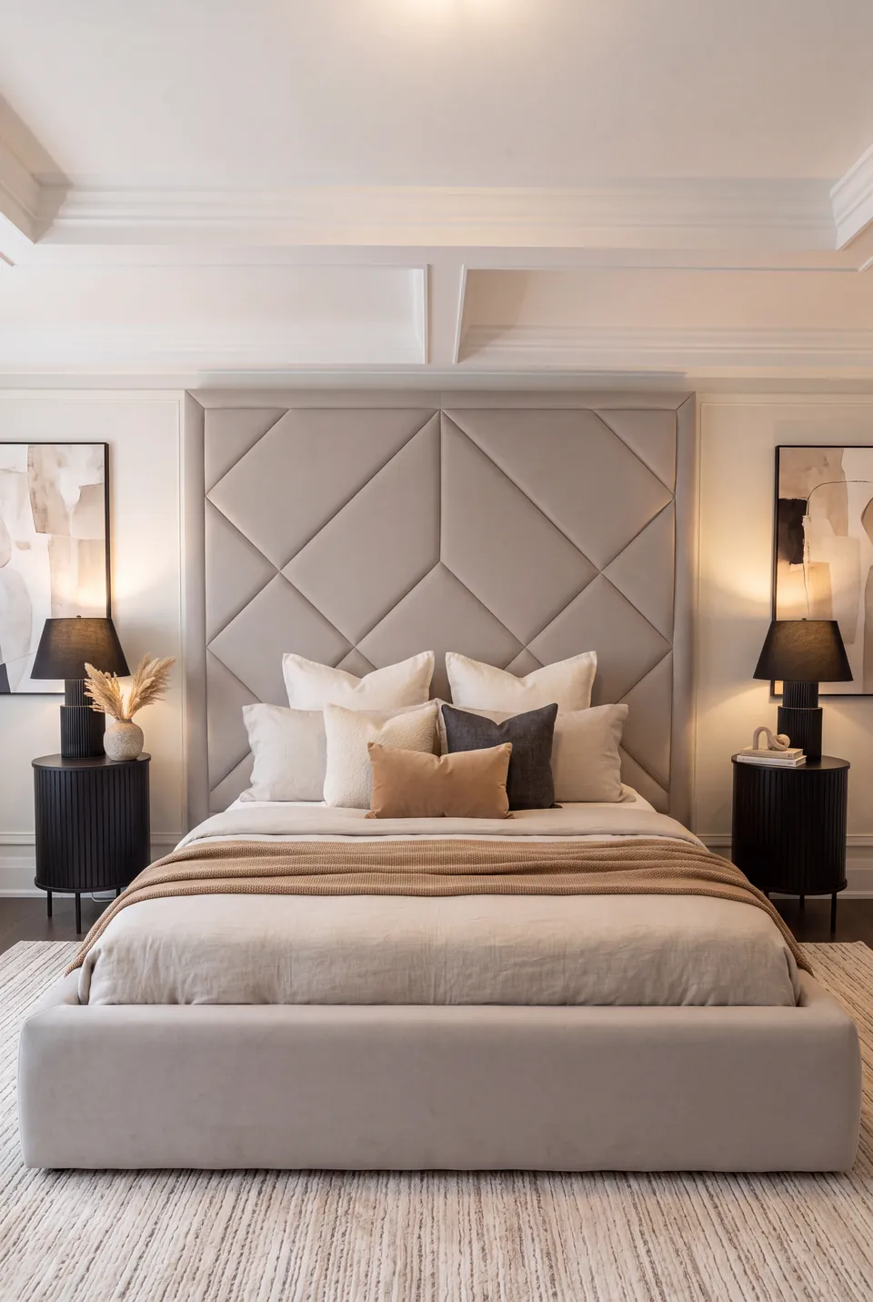 Full front view of a greige upholstered bed with a framed diamond headboard.