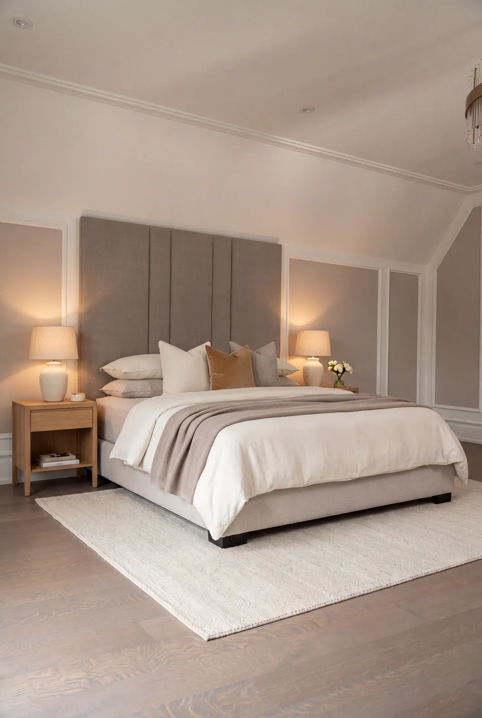 Full angled view of a grey upholstered bed with paired vertical headboard seams and warm lamps.
