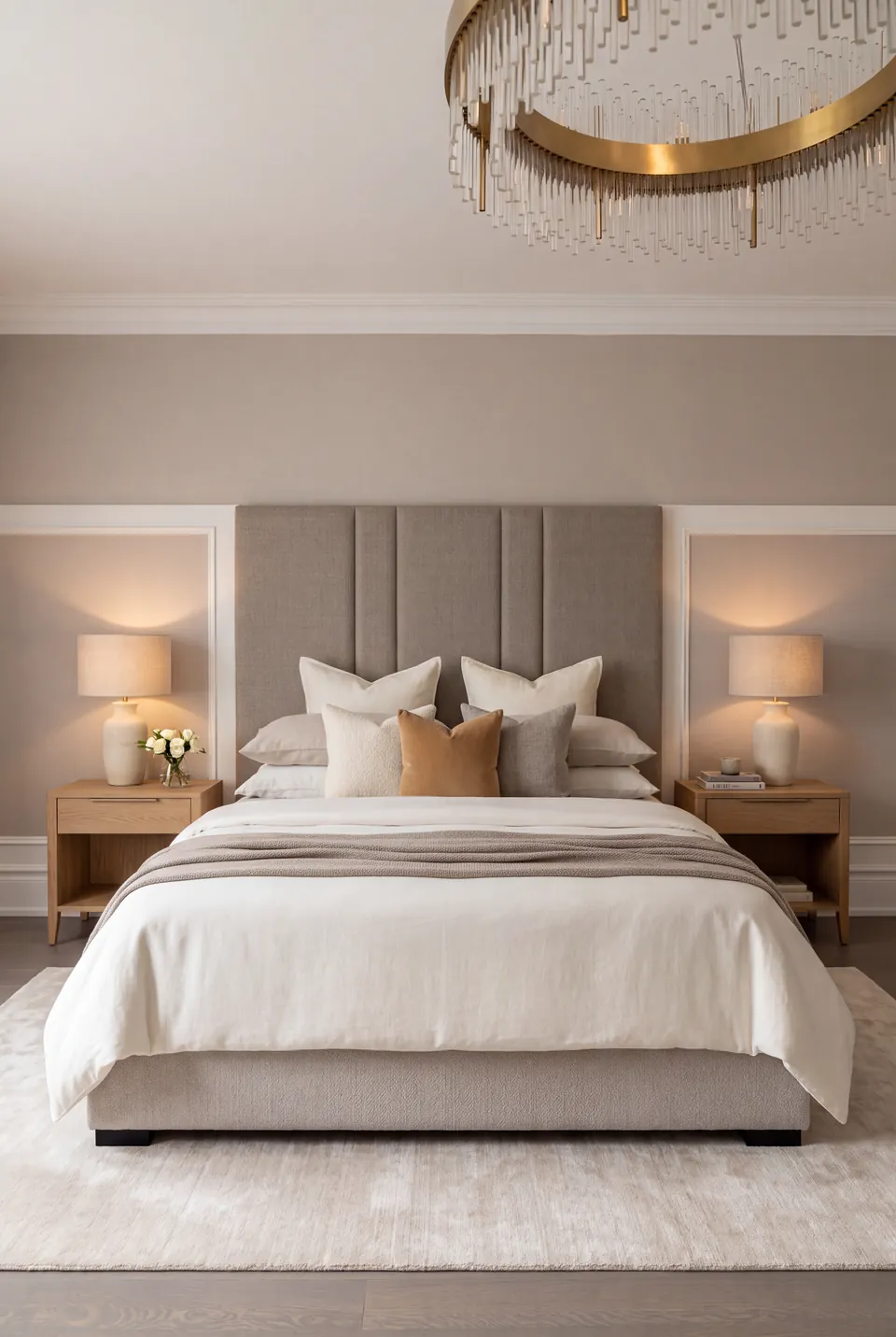 Front view of the grey bed between timber bedside tables and pale framed wall sections.