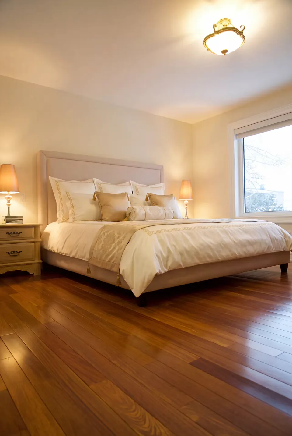 Grey upholstered bed with a raised headboard border beside a broad bedroom window