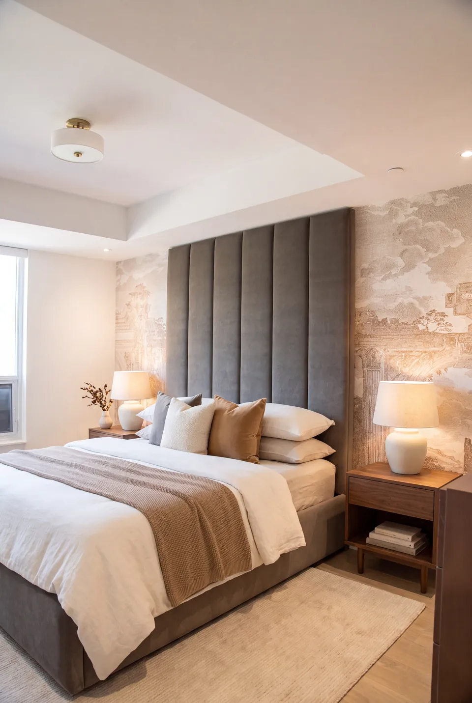 Wide view of a grey upholstered bed and tall channel panels against a pale landscape mural.