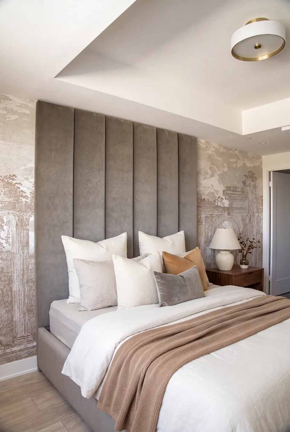 Angled view of grey headboard channels, white bedding and ochre cushions beside the mural.