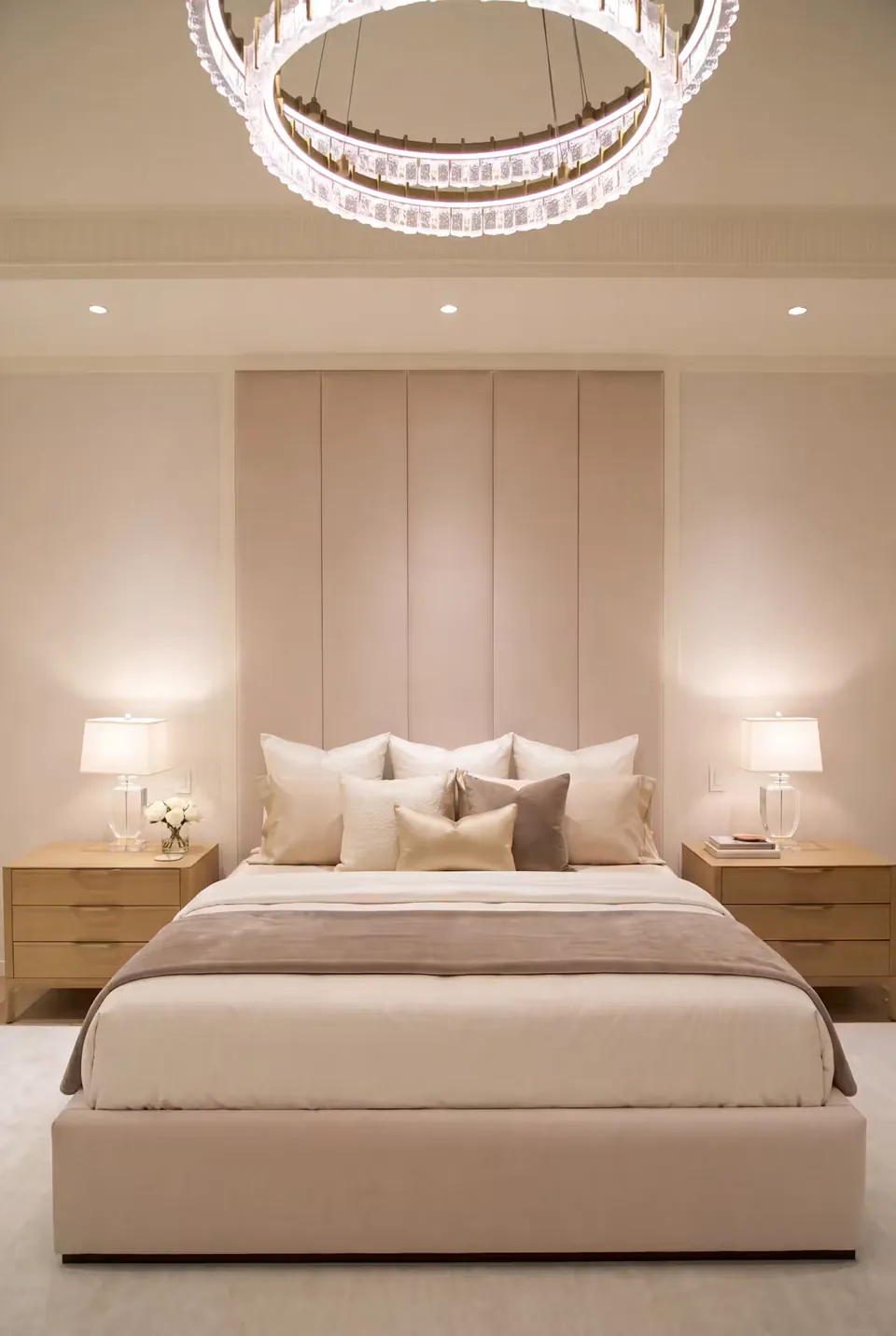 Full front view of an ivory upholstered bed and ceiling-height channel headboard beneath a ring chandelier.
