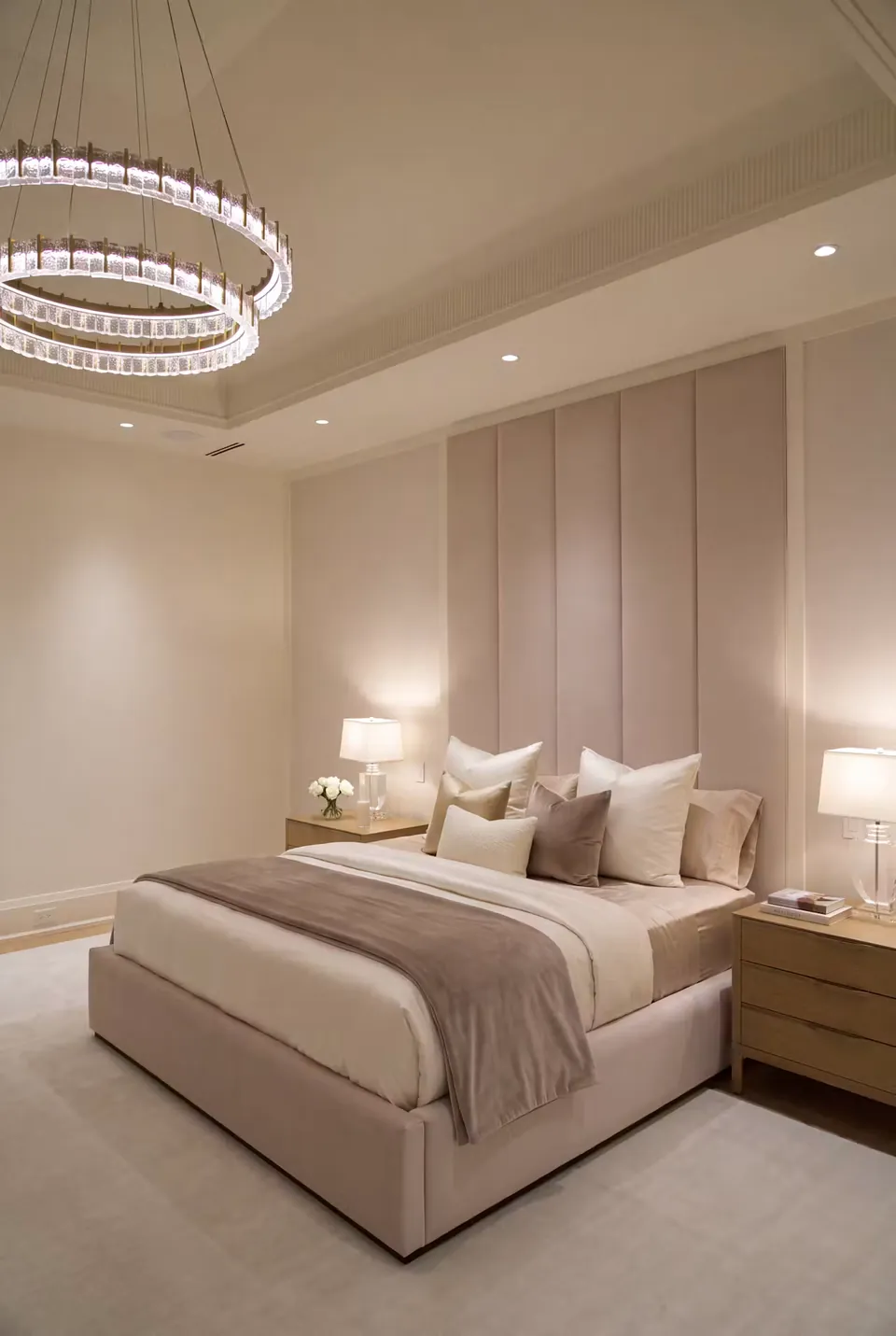 Angled view of the ivory bed with timber bedside tables and warm lamps.