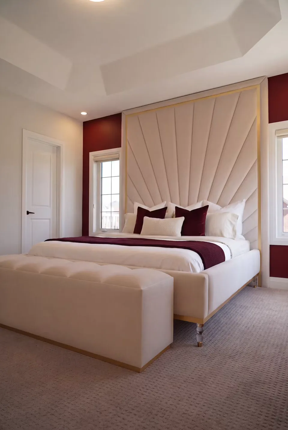 Full angled view of an ivory bed and matching padded bench beneath a gold-edged fan headboard.