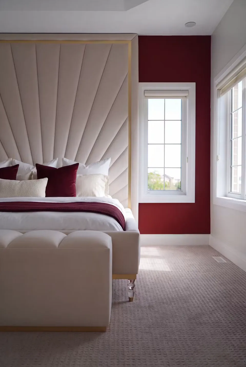 Side view of the ivory bed, padded bench and tall fan headboard beside bright windows.
