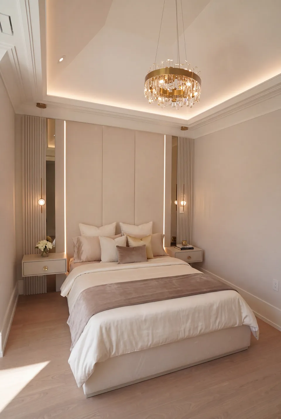 Full angled view of an ivory upholstered bed framed by pale fluting, mirrors and warm light.