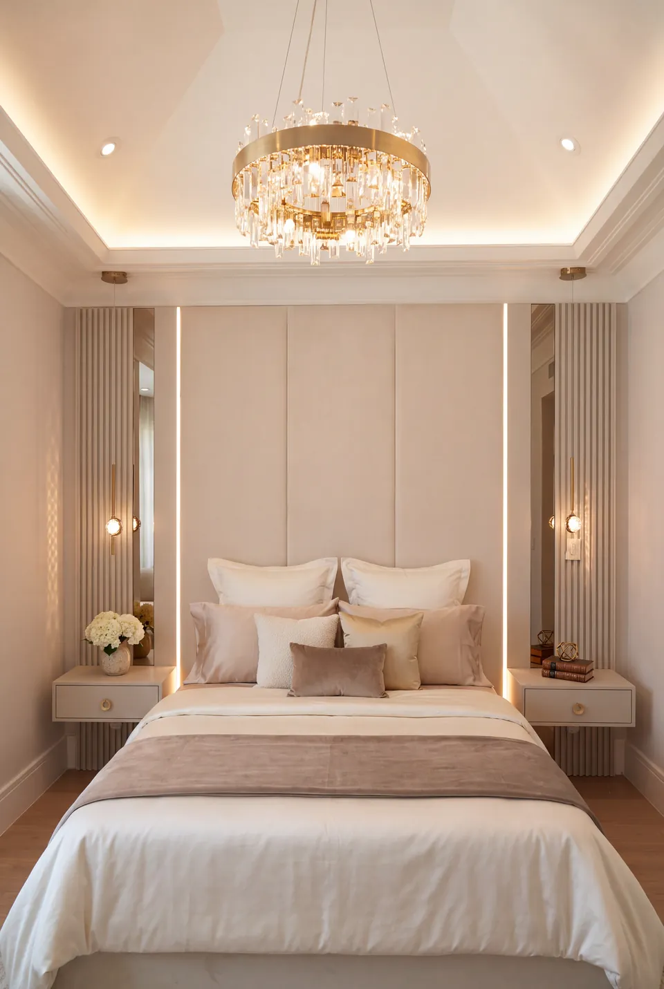 Front view of the ivory bed beneath broad padded panels and a warm chandelier.