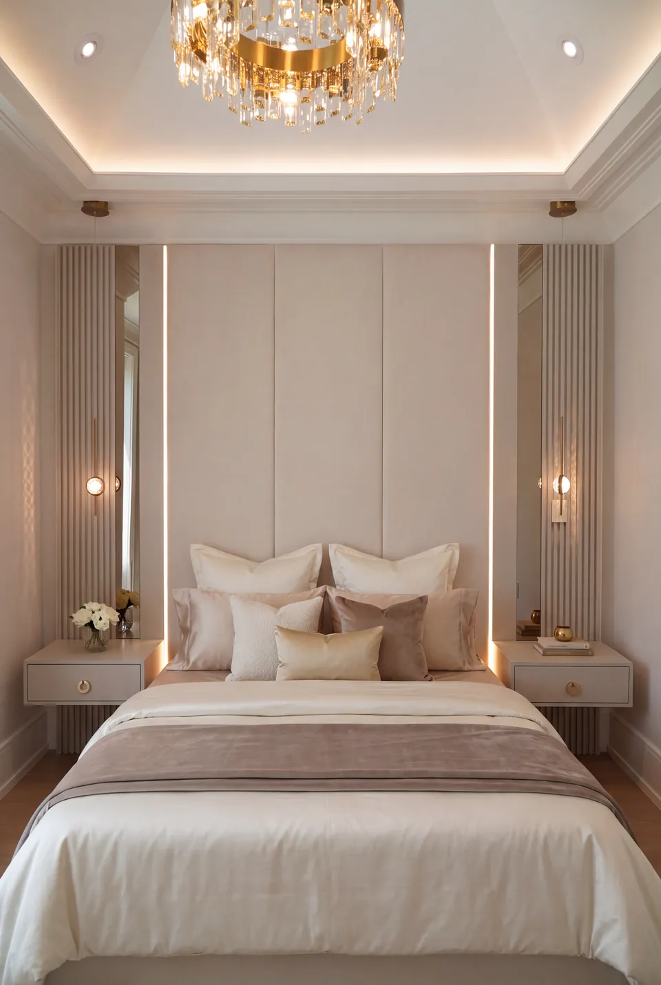 Front view of the ivory bed between warm wall lights and pale fluted panels.