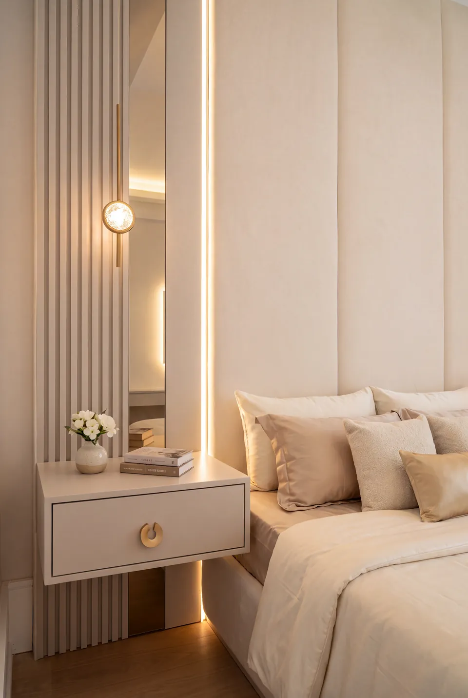 Detail of a floating bedside drawer and globe light beside ivory wall padding.