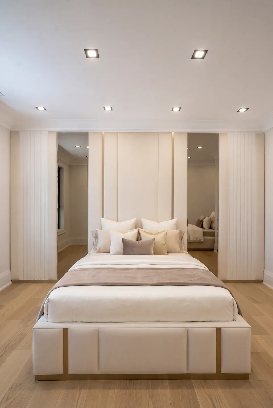 Full front view of an ivory bed with gold-edged padded frame sections and tall wall panels.