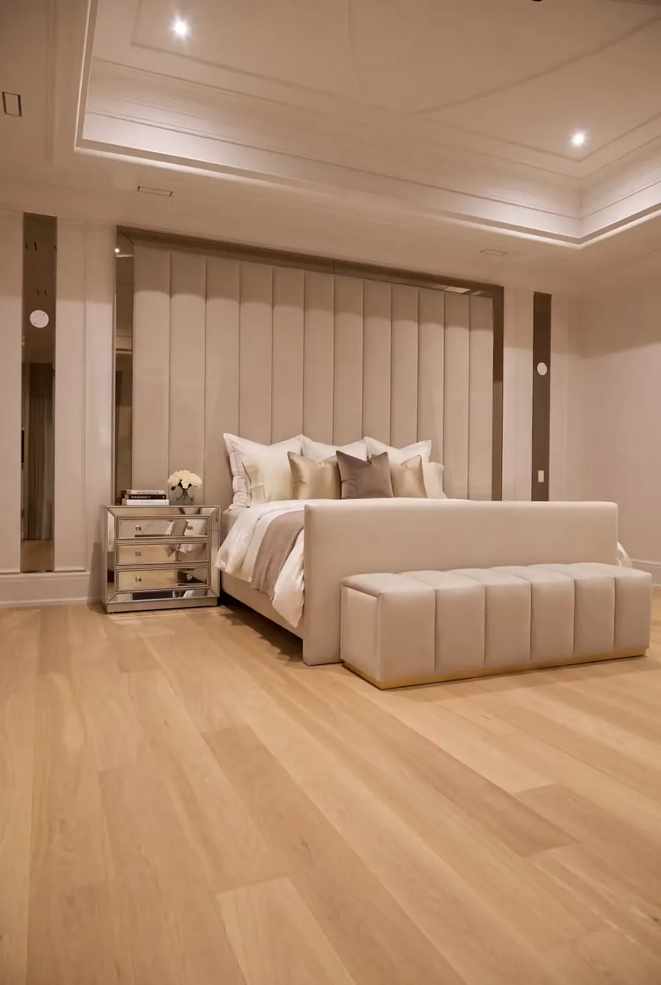 Full view of an ivory upholstered bed and channelled bench beneath a tall mirrored panel wall.