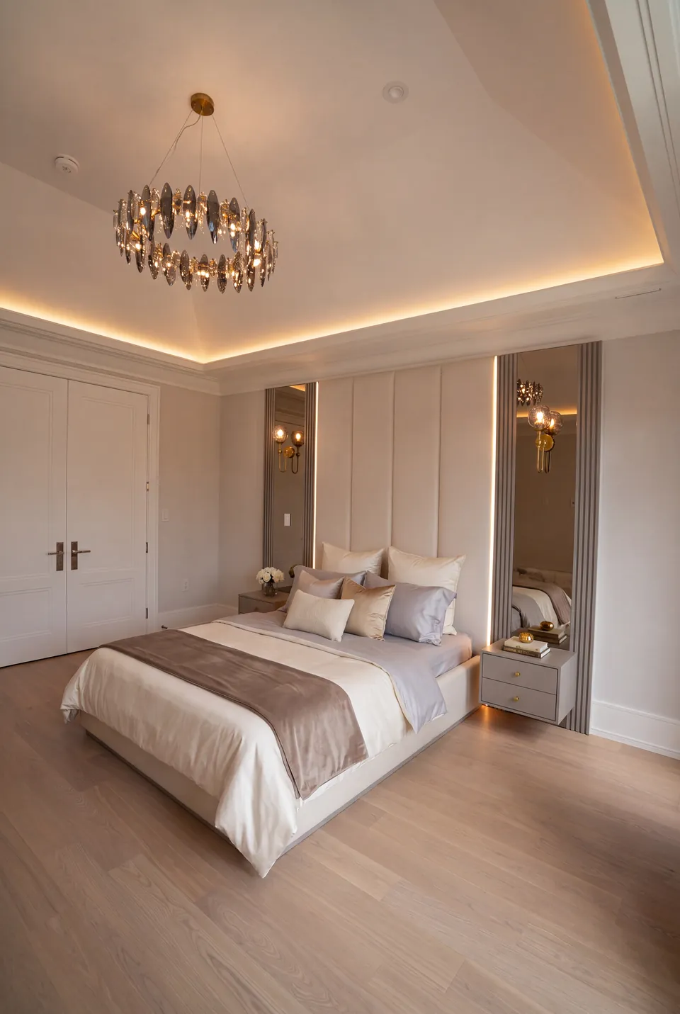 Full angled view of an ivory bed beneath broad upholstered panels and mirrored side strips.