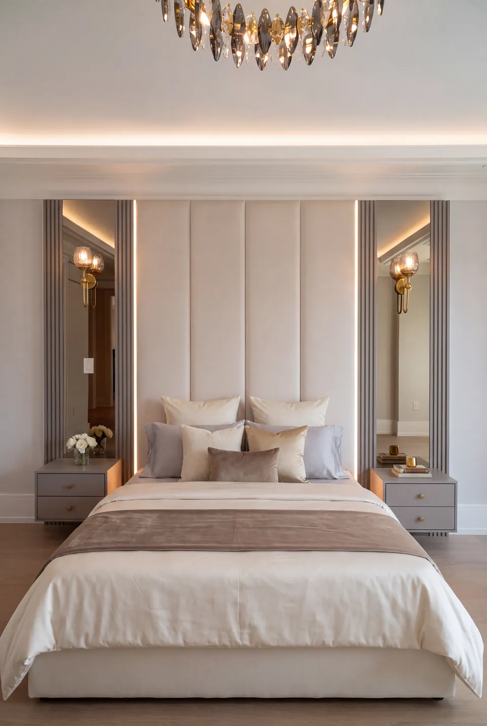 Front view of ivory bedding and tall padded panels between mirrors.