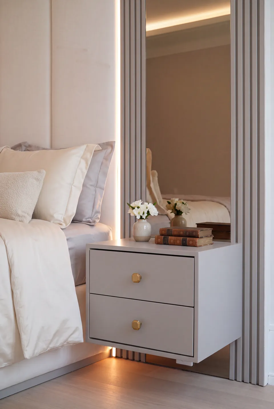 Detail of a floating grey bedside drawer, mirror and warm light beneath it.