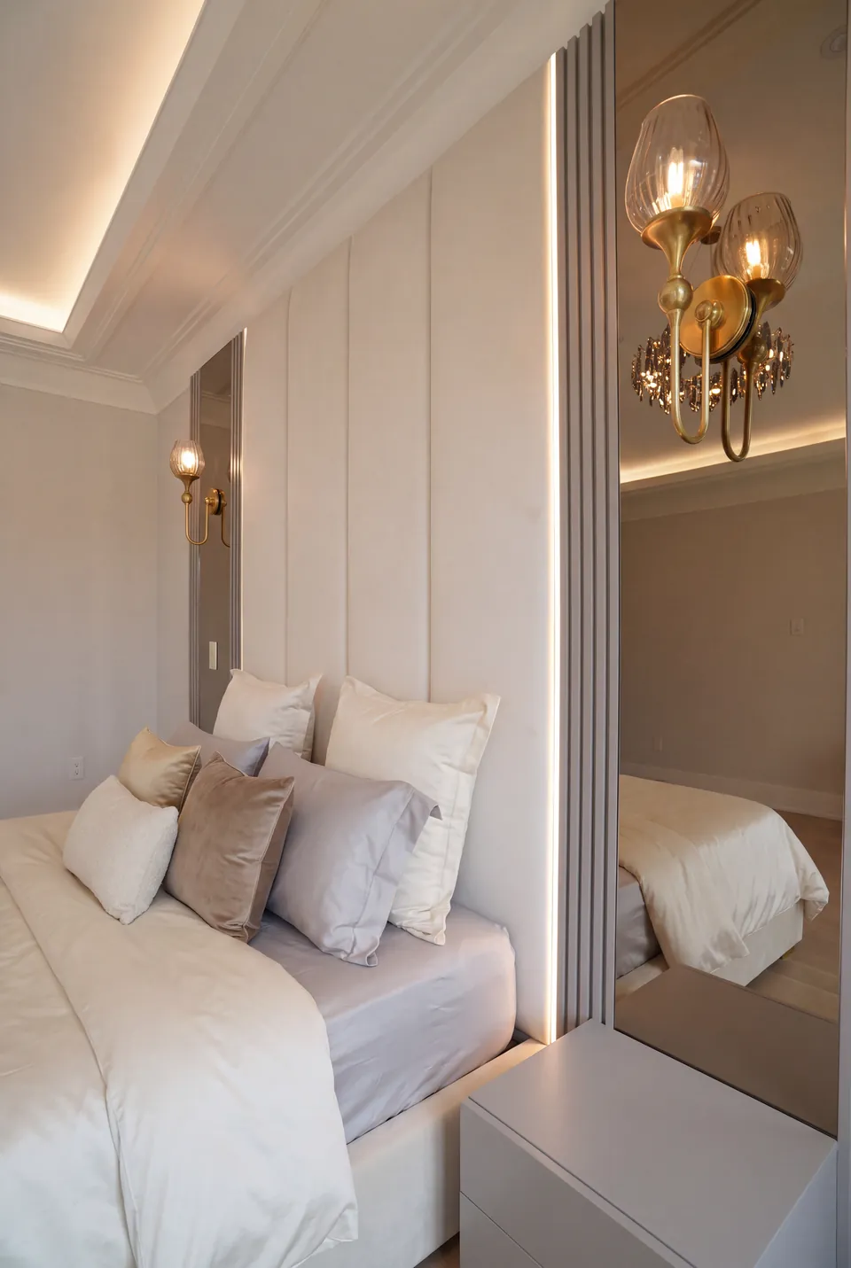 Close side view of the ivory upholstered headboard and mirrored slatted wall.