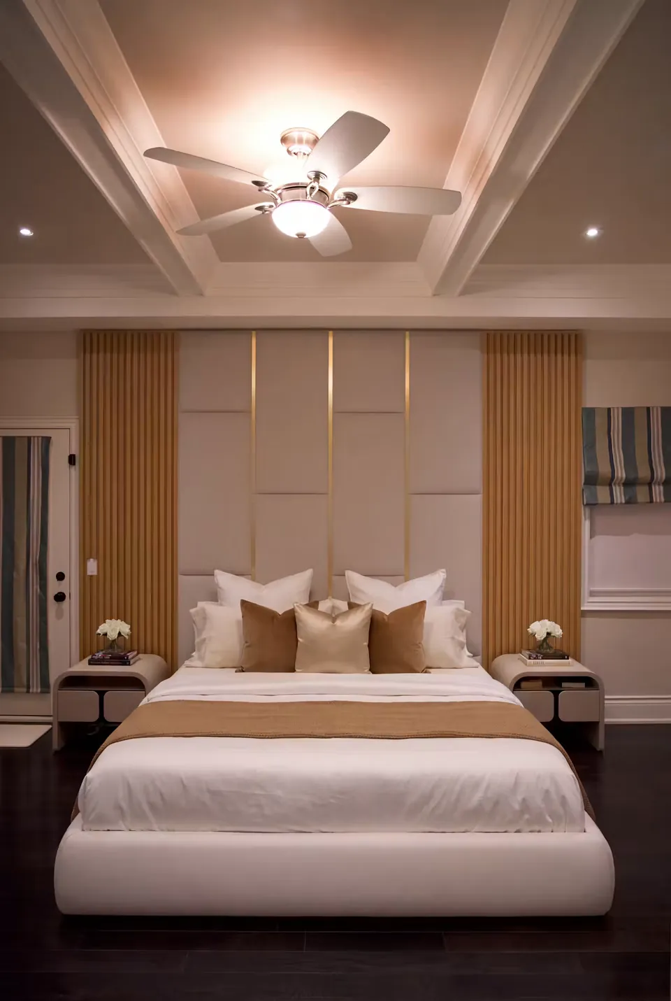 Full front view of an ivory upholstered bed beneath an offset panel grid and warm slatted sides.