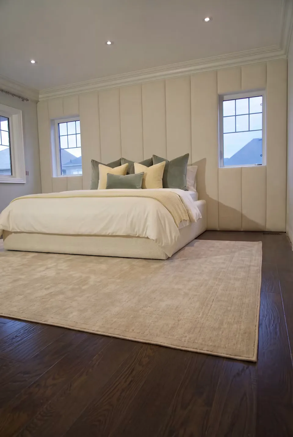 Angled room view of the ivory frame and tall upholstered backdrop