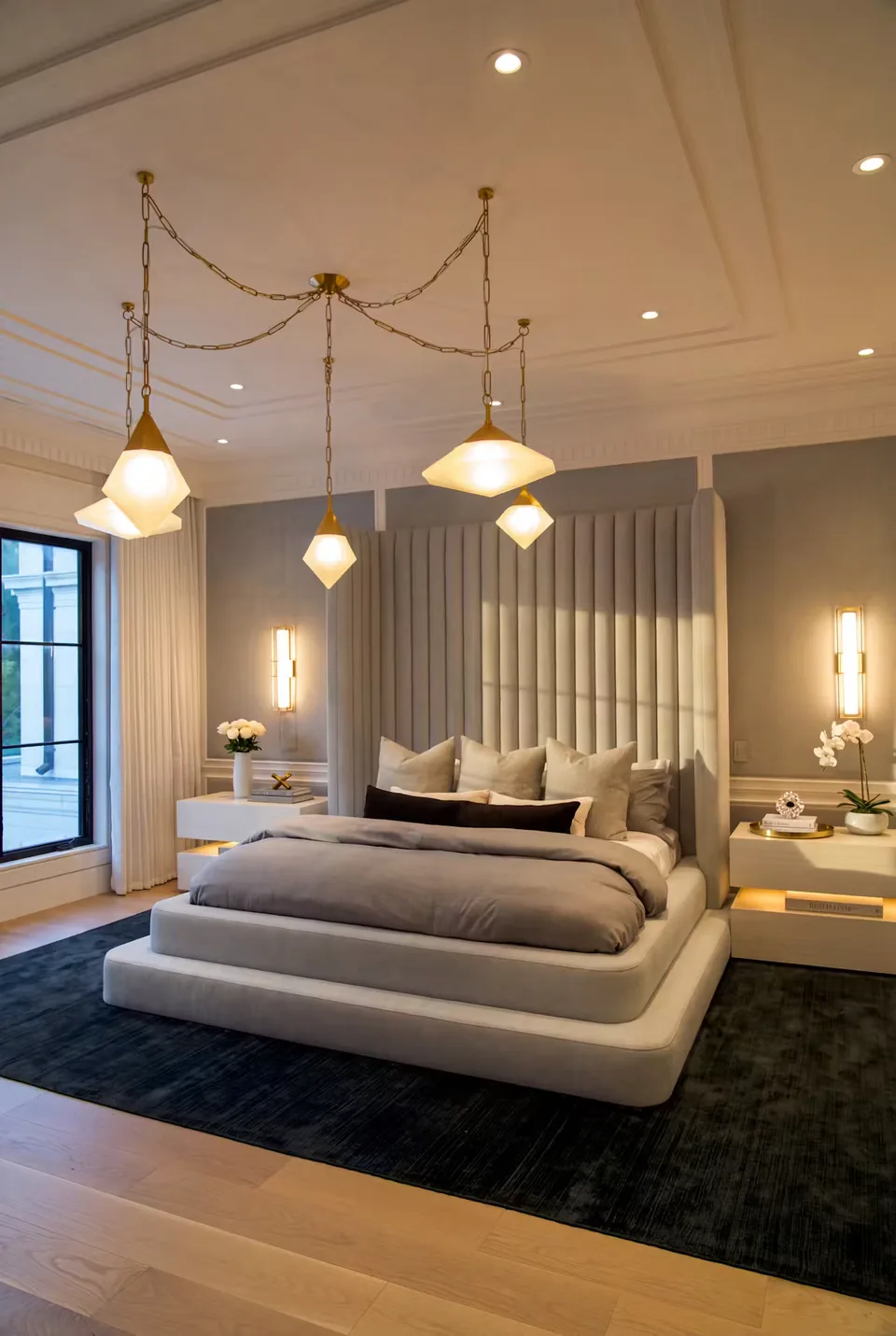 Wide view of a grey channelled wall and stepped bed base below suspended pendant lights