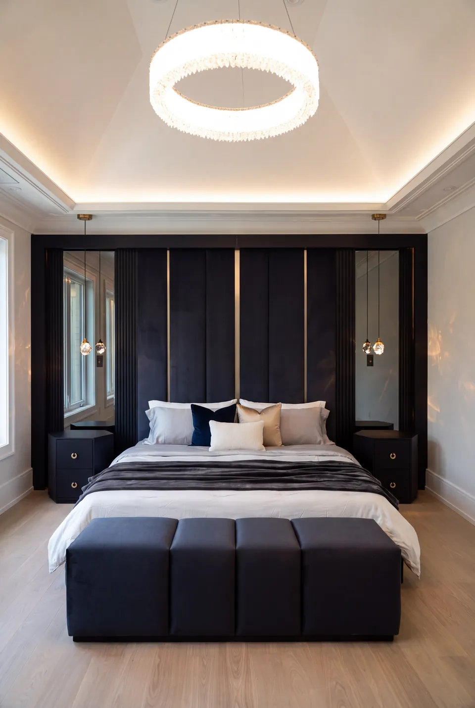 Full front view of a navy upholstered bed and channelled bench beneath a gold-lined mirrored wall.