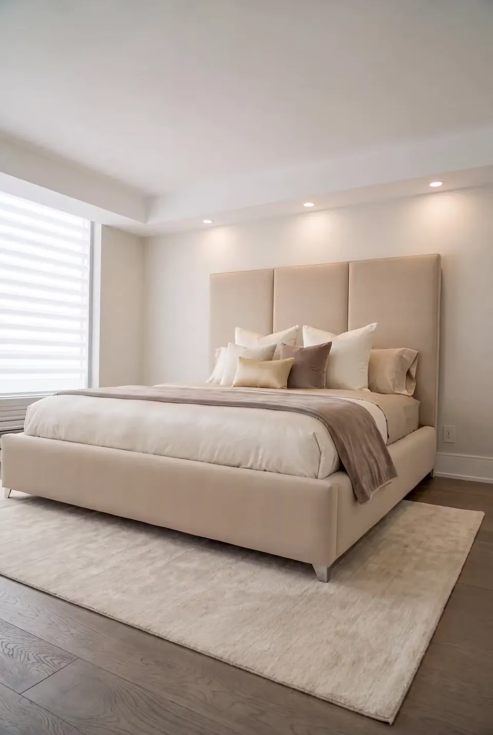 Full angled view of an oatmeal upholstered bed with a three-panel headboard.