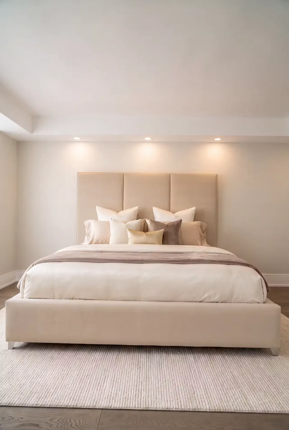 Front view of a low neutral bed beneath three broad padded headboard sections.