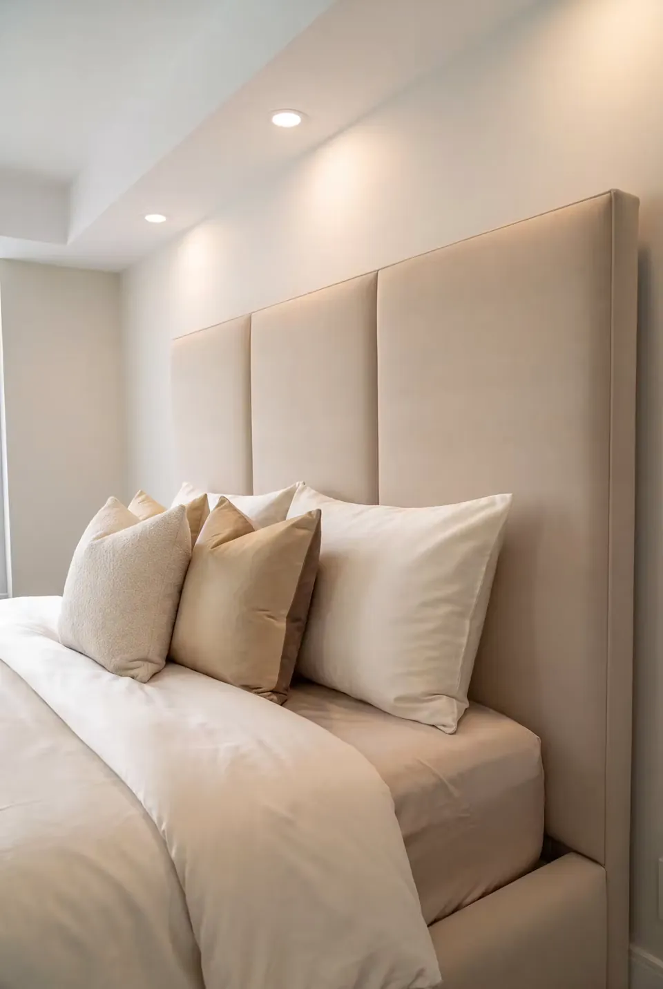Detail of the broad oatmeal headboard panels and layered beige pillows.