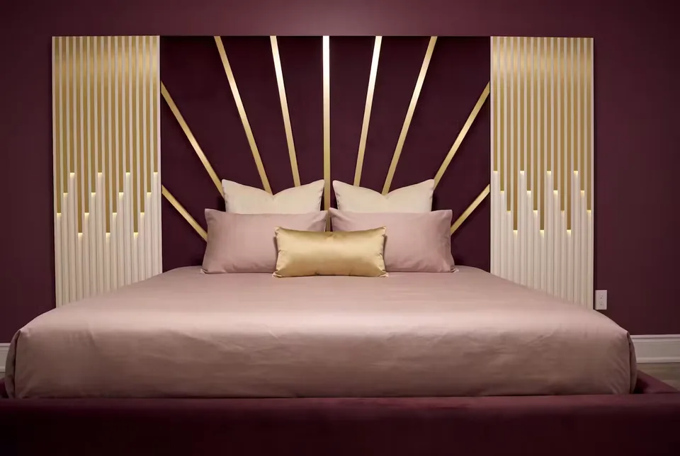 Front view of the plum bed beneath the gold sunray wall