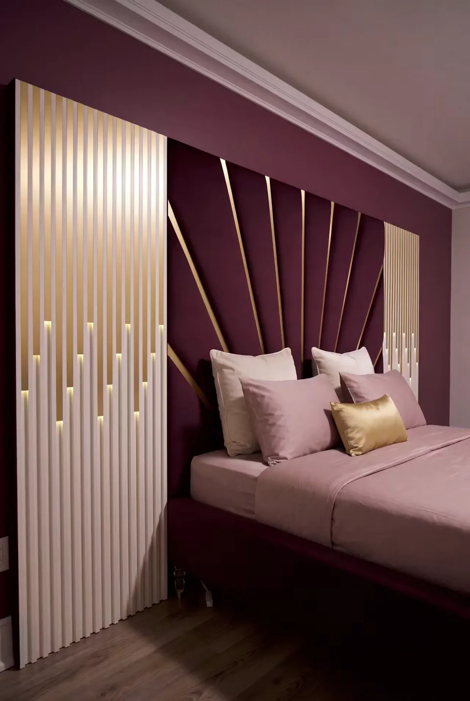 Angled view of the plum upholstery and pale ribbed panels