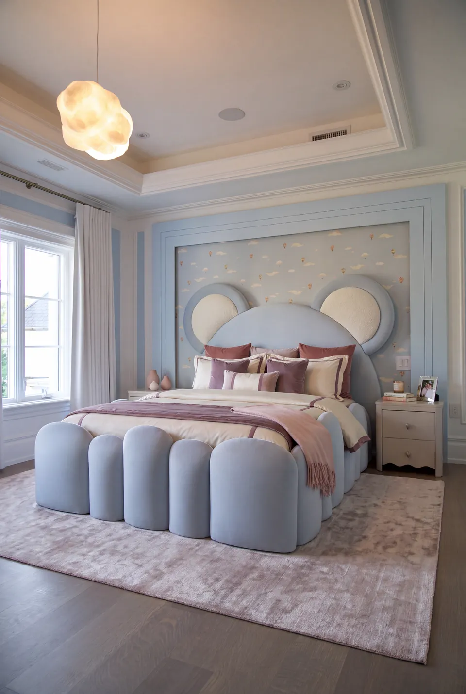 Full angled view of a powder-blue bear-shaped upholstered bed with rounded footboard pads.