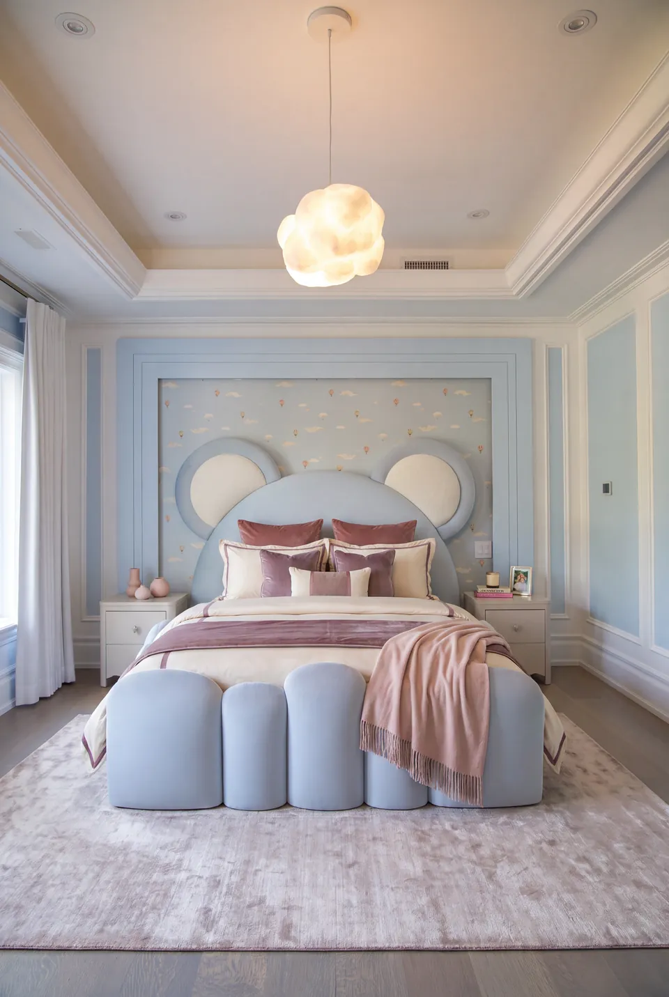 Front view of the blue bear bed within pale blue wall mouldings.