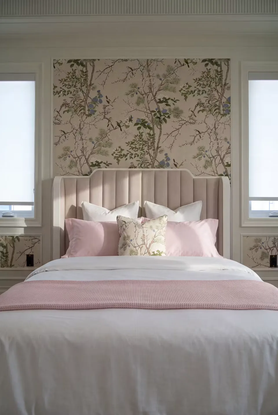 Front view of the bordered channel headboard against botanical wallpaper