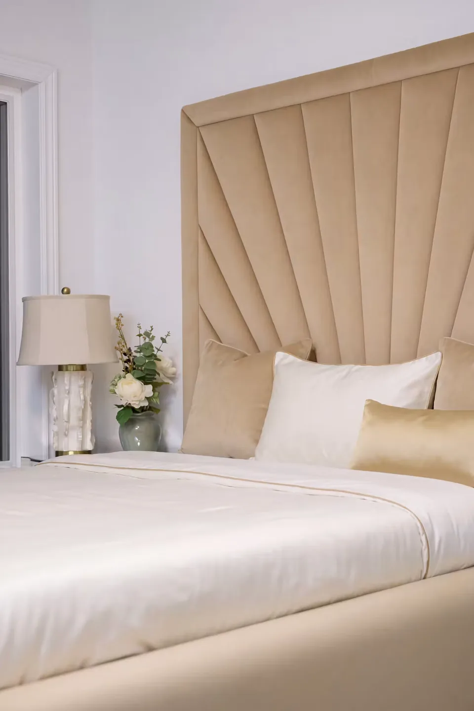Portrait view of the sand fan headboard and upper bed frame