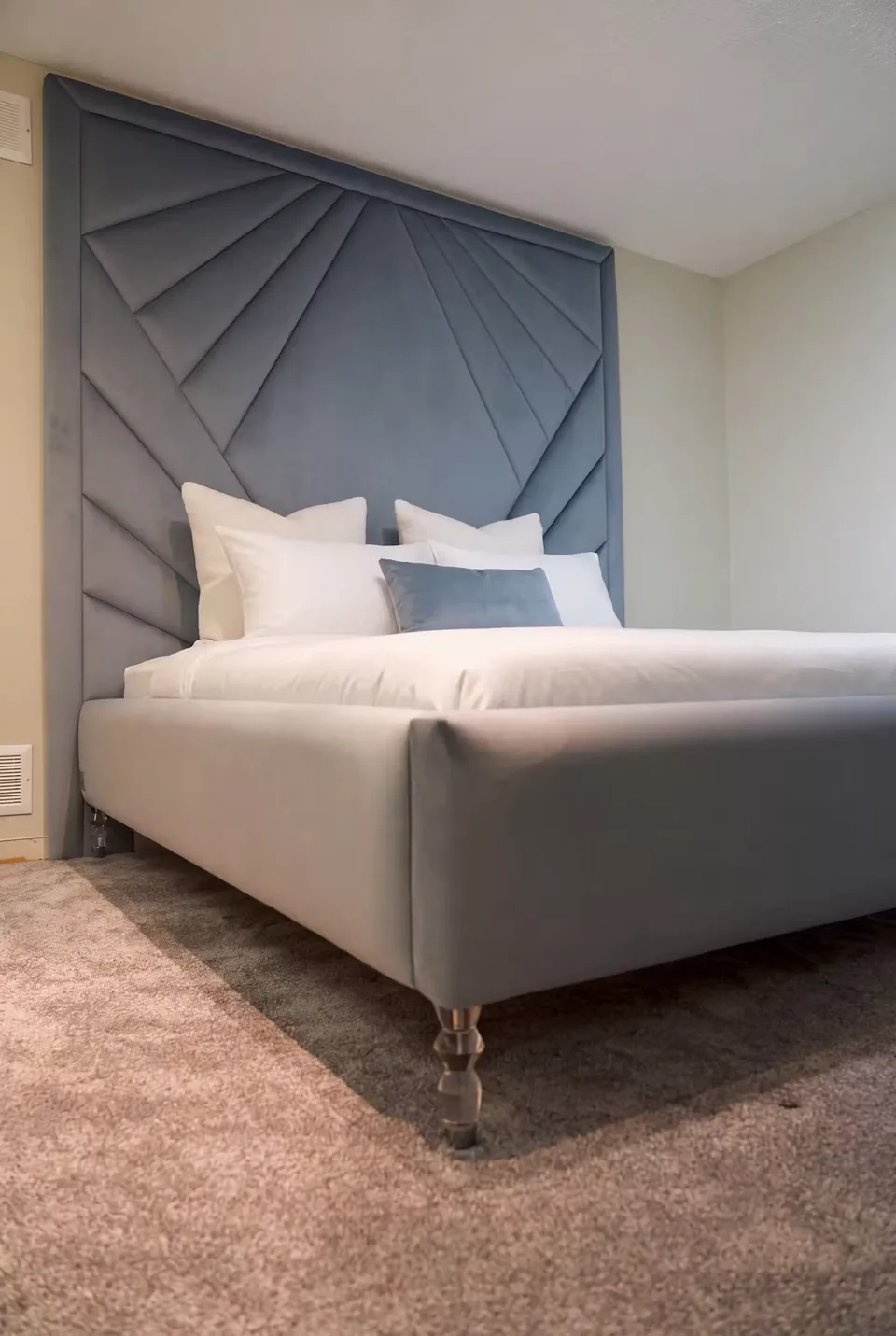 Full angled view of the slate frame and radiating padded headboard