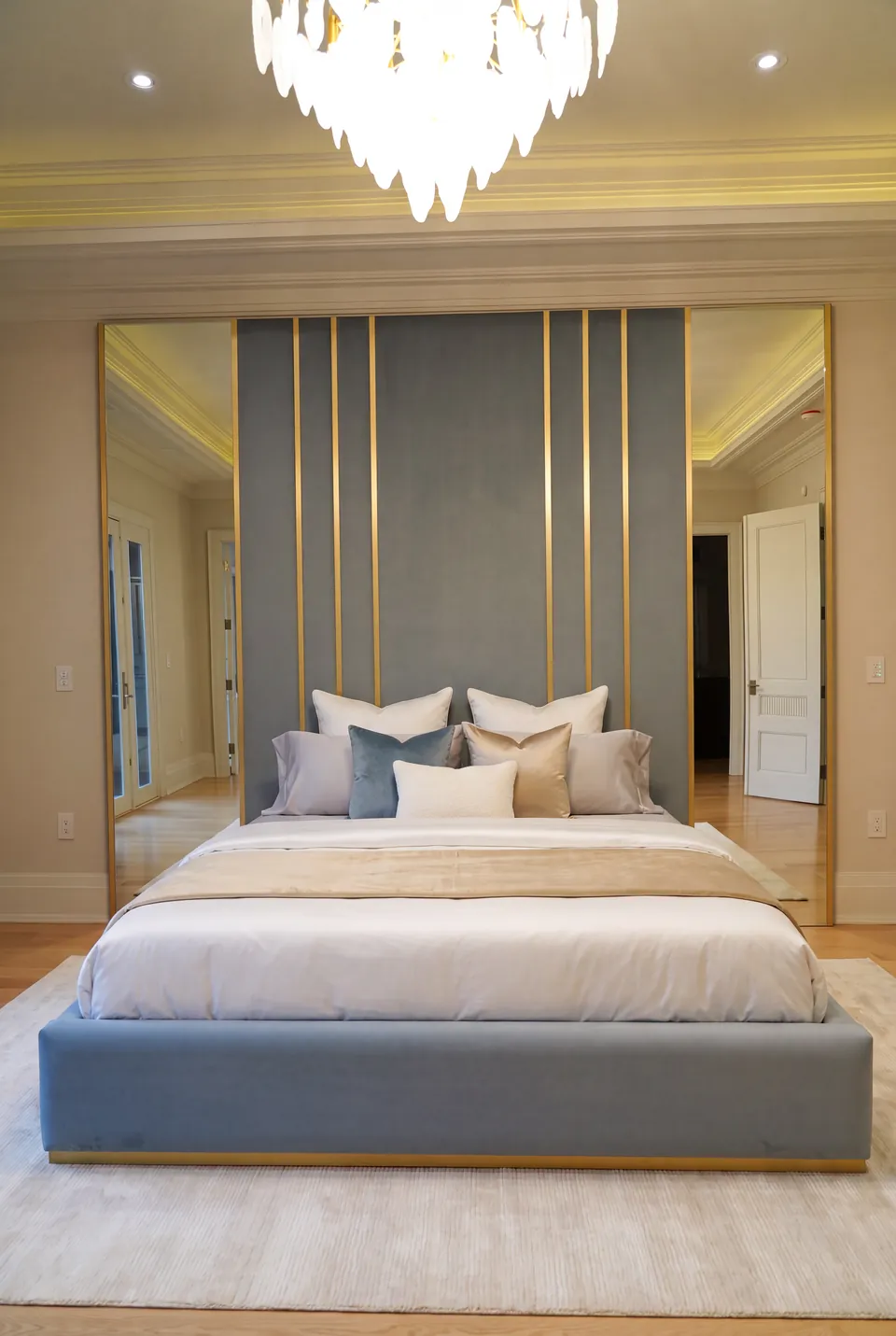 Full front view of a slate-blue bed beneath gold-divided vertical panels and tall side mirrors.