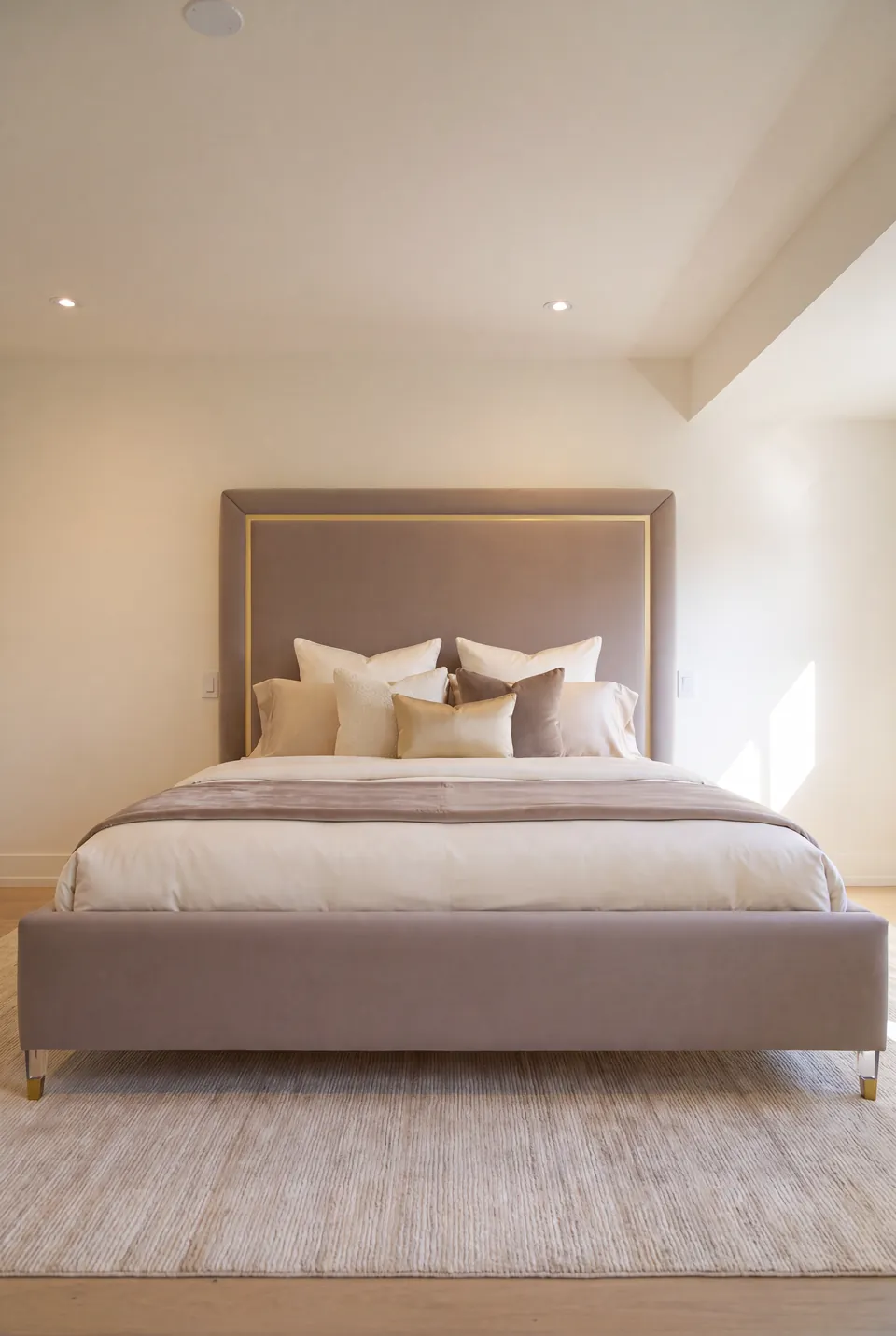 Front view of the taupe bed and gold-outlined rectangular headboard.